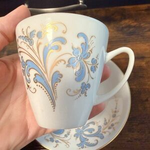 Porsgrund Norway Seljord Vintage Demi Tasse Cup Saucer Blue White Gold
